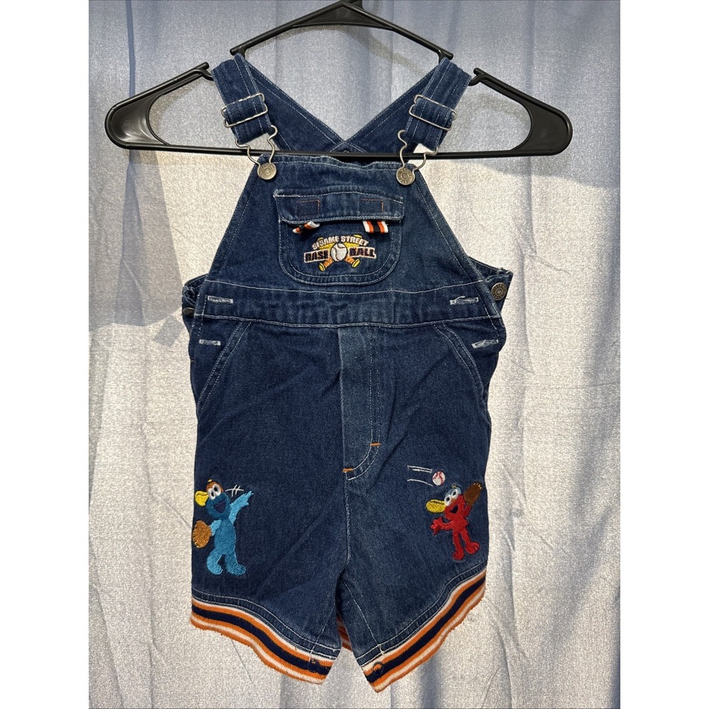 Vintage Sesame Street Elmo Cookie Monster Baseball Embroidered Denim Overalls